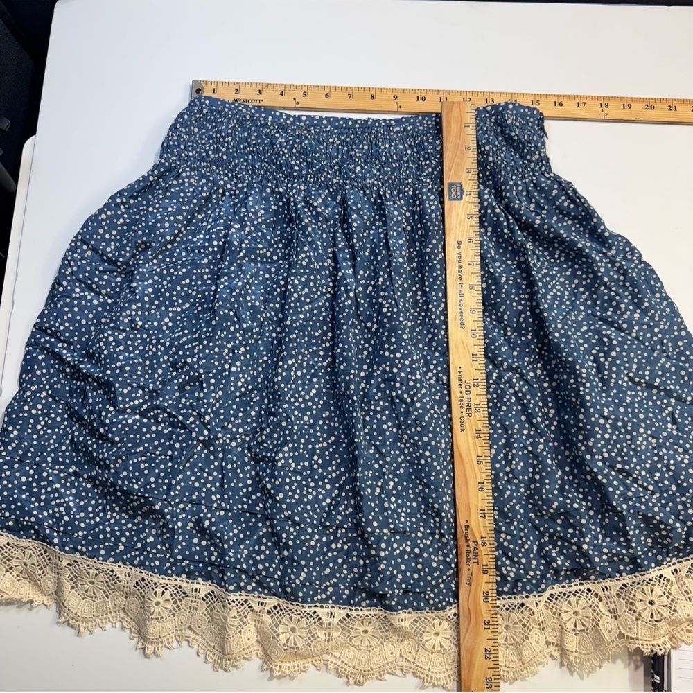 Sundance Silk Blend Polka Dot A-Line Skirt Lace Trim Smocked Waist Blue Size 10 - Picture 11 of 11